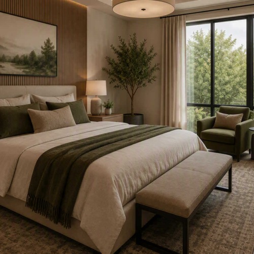 a bedroom with a large bed